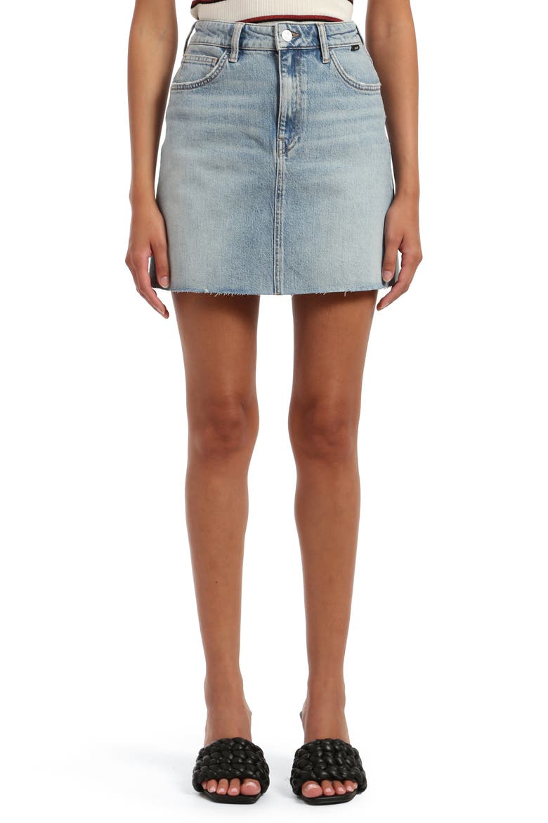 Bailey Raw Hem Denim Miniskirt, Main, color, BLEACHED RECYCLED BLUE