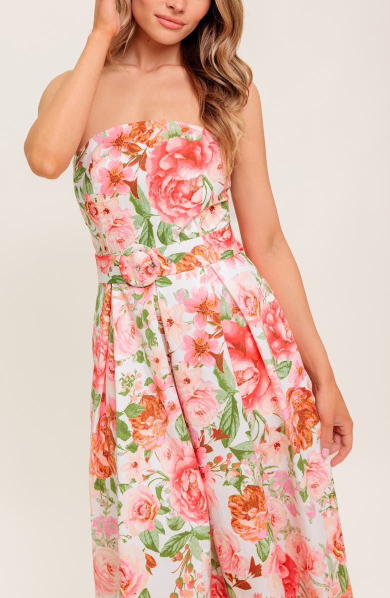 FLYING TOMATO Floral Strapless Midi Dress, Alternate, color, Ivory Pink