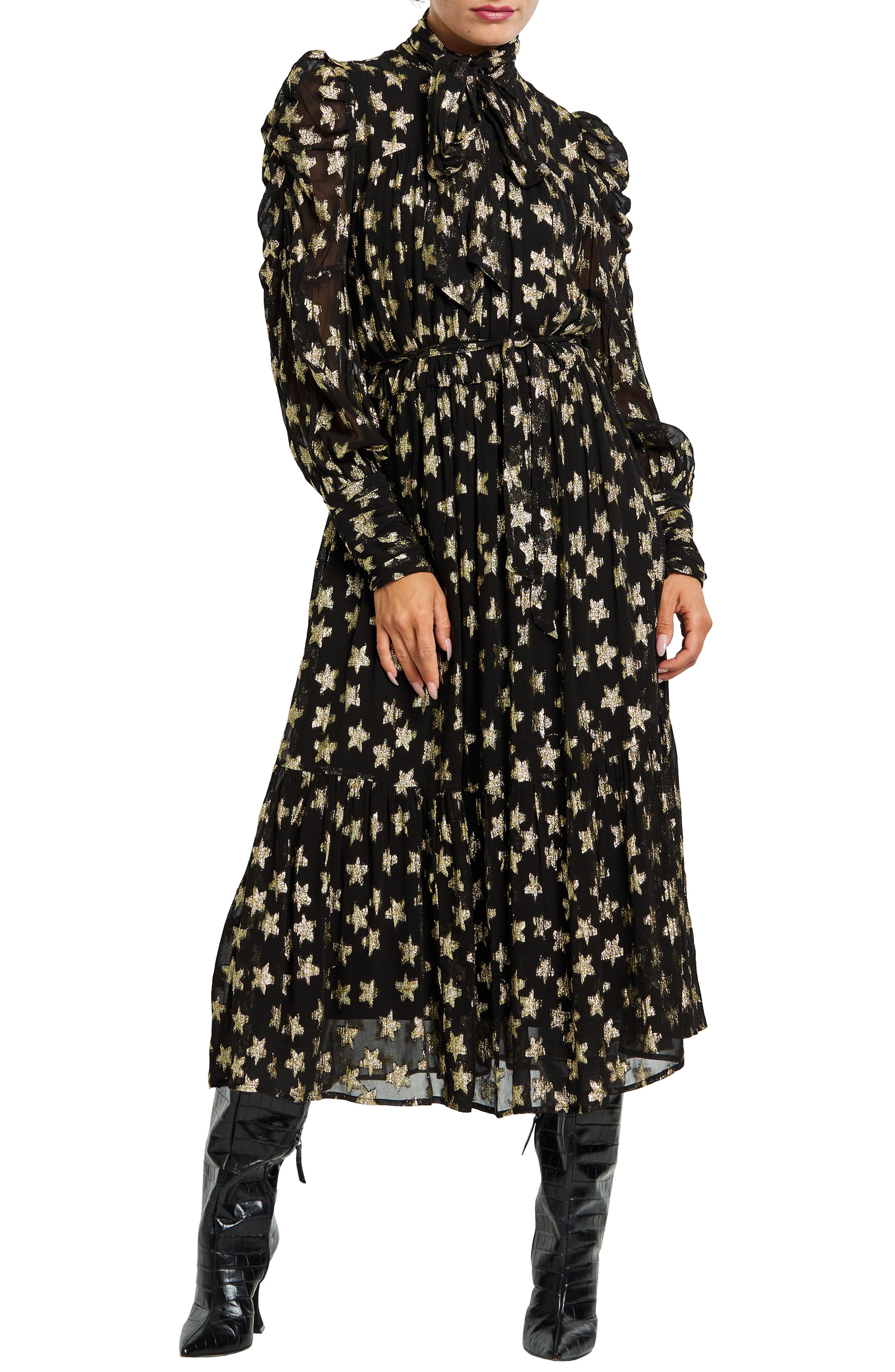 CIEBON Adelle Metallic Star Print Long Sleeve Midi Dress