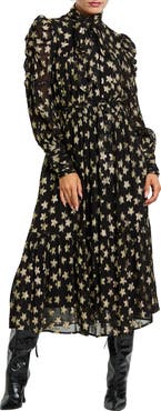 CIEBON Adelle Metallic Star Print Long Sleeve Midi Dress