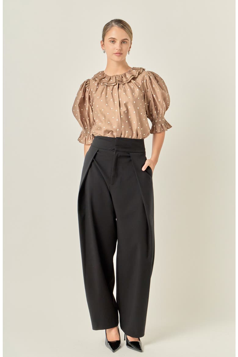 Ruffle Collar Swiss Dot Puff Sleeve Top, Alternate, color, OFF WHITE/ BROWN