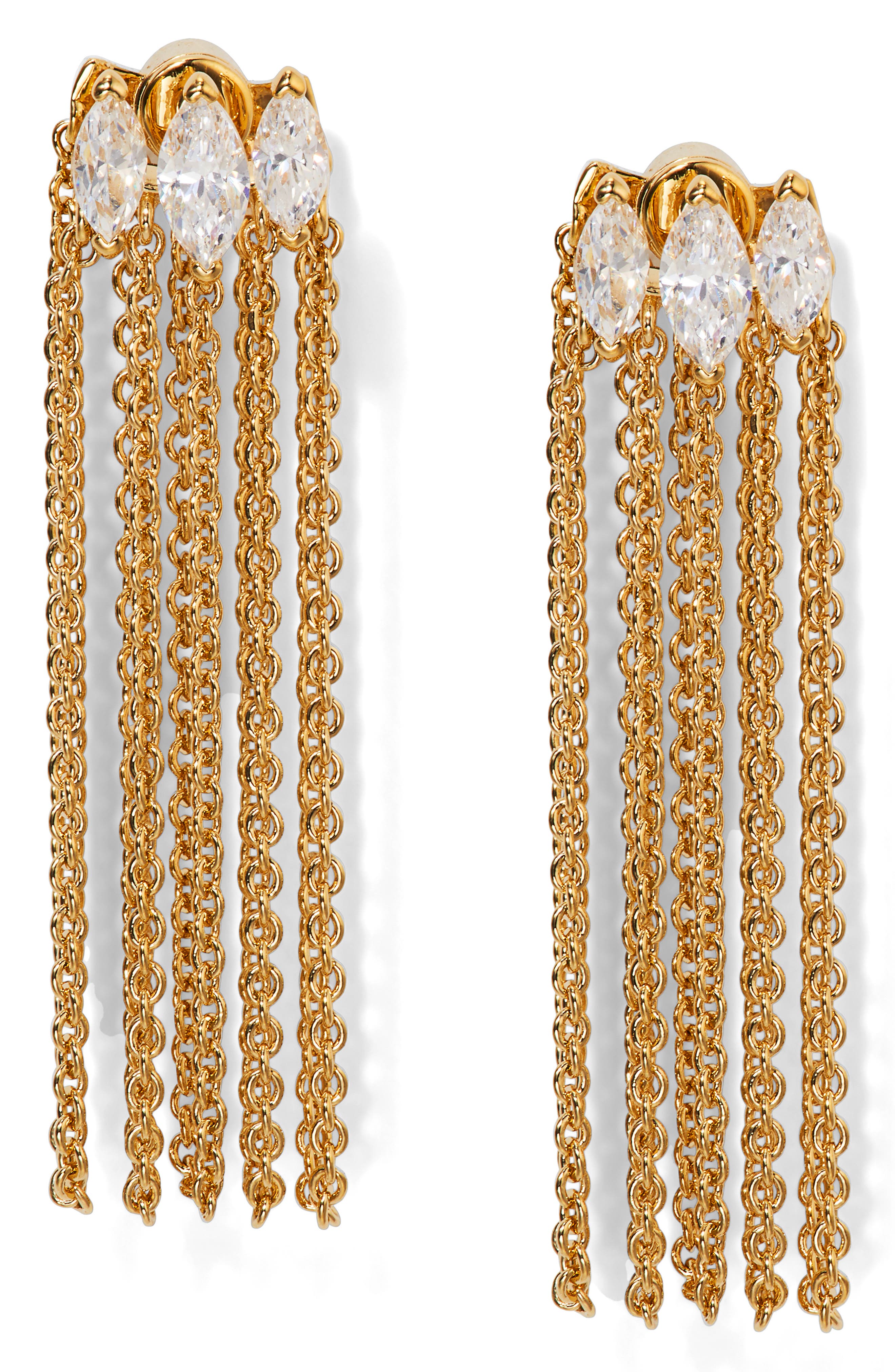 Nadri Crystal Embellishe Chain Fringe Drop Earrings