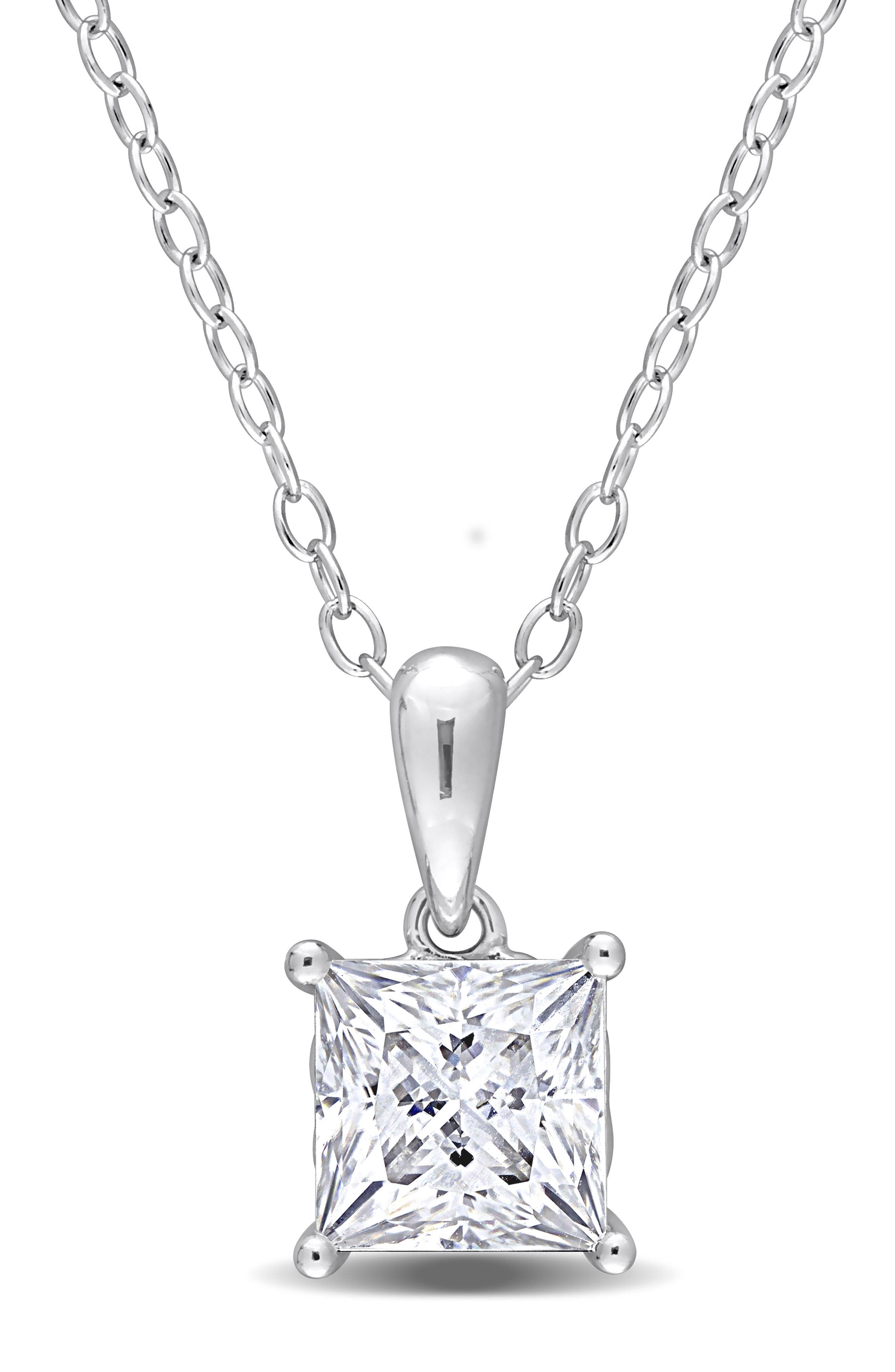DELMAR Sterling Silver Princess Cut Lab Created Moissanite Pendant Necklace