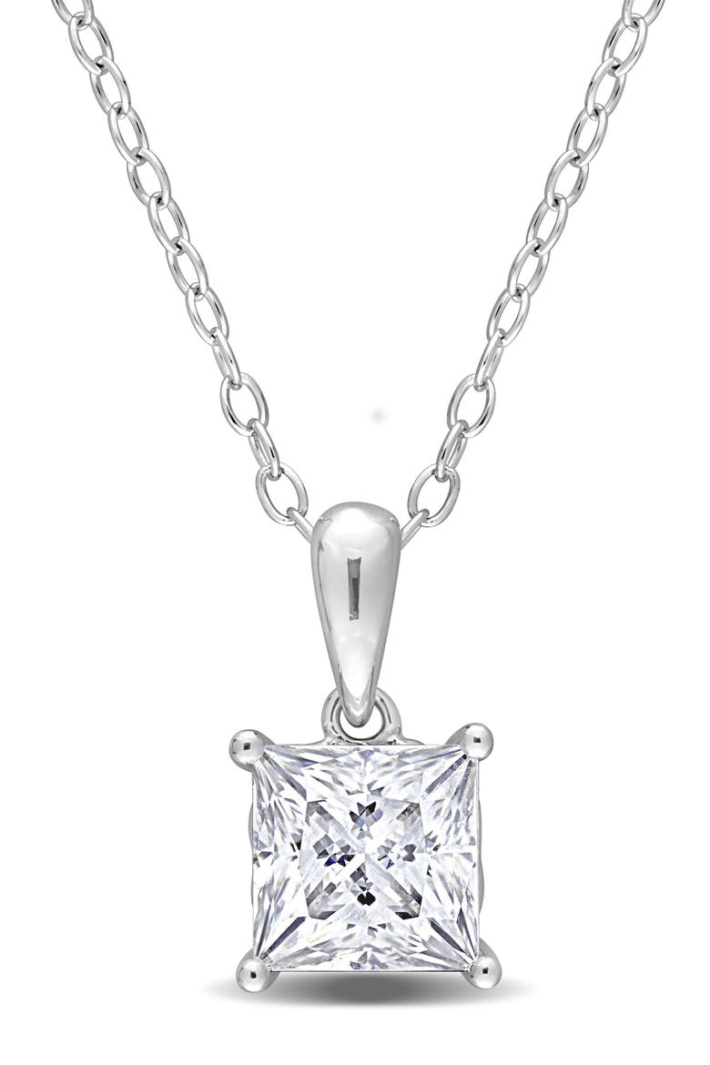Sterling Silver Princess Cut Lab Created Moissanite Pendant Necklace, Main, color, SILVER