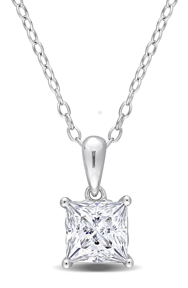 DELMAR Sterling Silver Princess Cut Lab Created Moissanite Pendant Necklace, Main, color, Silver
