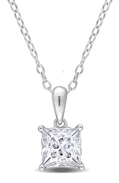 Sterling Silver Princess Cut Lab Created Moissanite Pendant Necklace