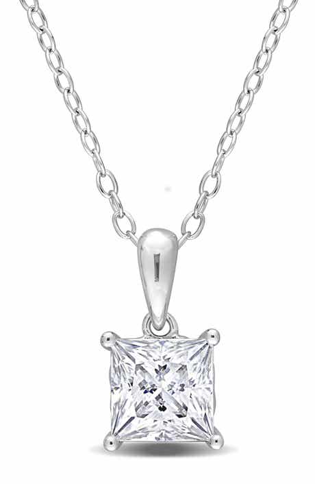 DELMAR Sterling Silver Princess Cut Lab Created Moissanite Pendant Necklace