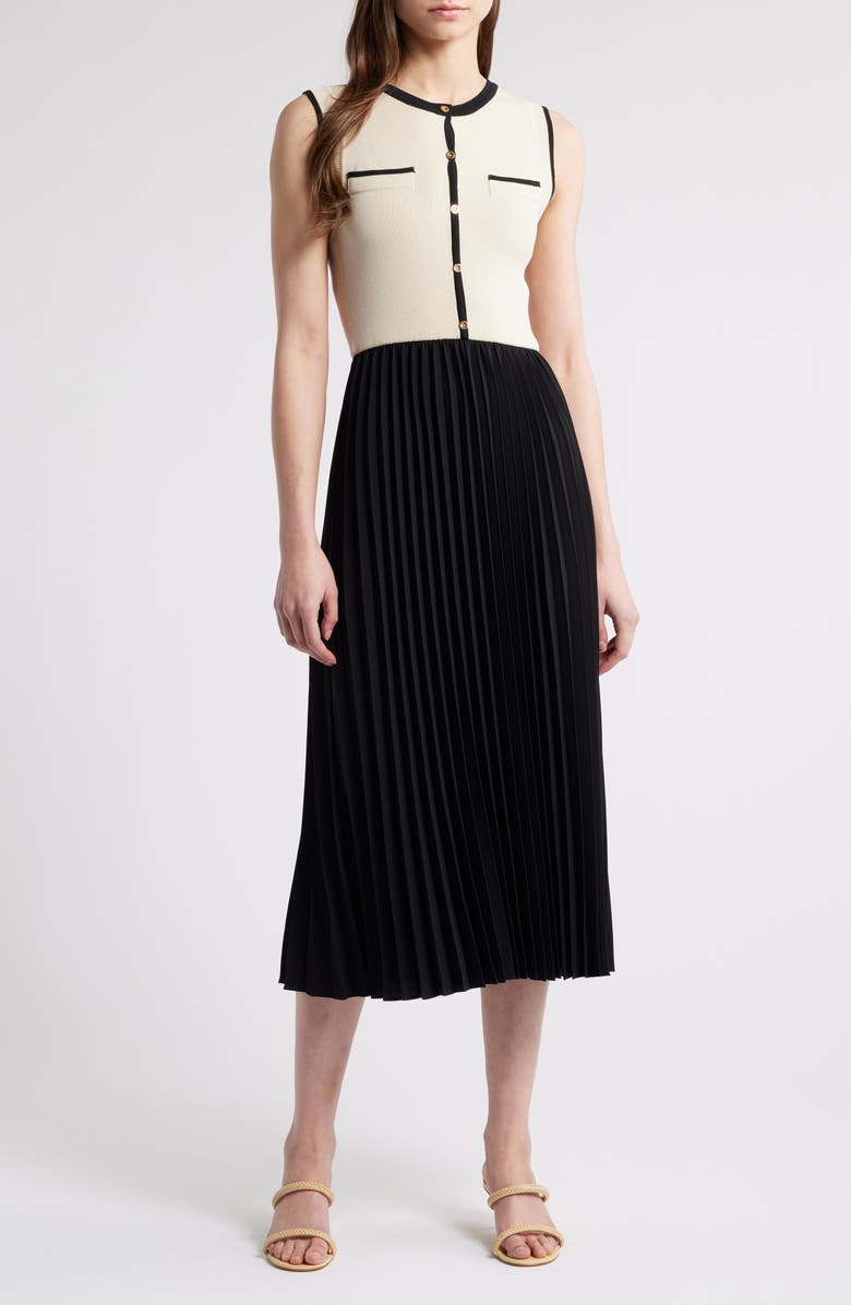 ZOE AND CLAIRE Mixed Media Pleated Midi Dress, Main, color,