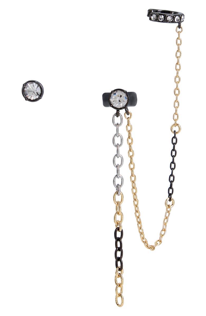 AllSaints Mismatched Stud Earring & Chain Drop Earring with Ear Cuff, Main, color,