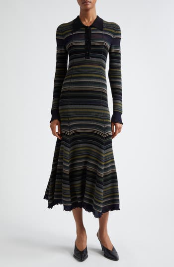 3.1 Phillip Lim Stripe Long Sleeve Knit Shirtdress In Black Multi