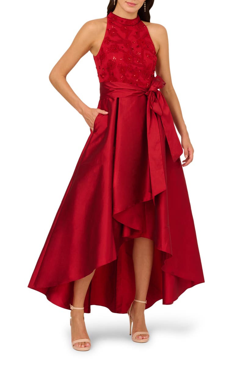 Adrianna Papell Floral Embroidered Beaded Taffeta High-Low Gown, Main, color, Red
