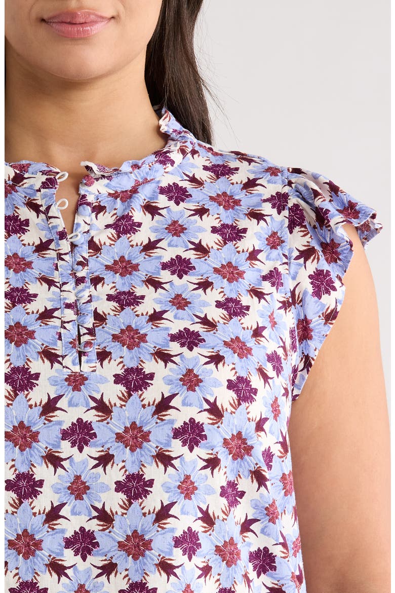 Flutter Sleeve Print Popover Top, Alternate, color, IVORY- PURPLE MILLIE TILE
