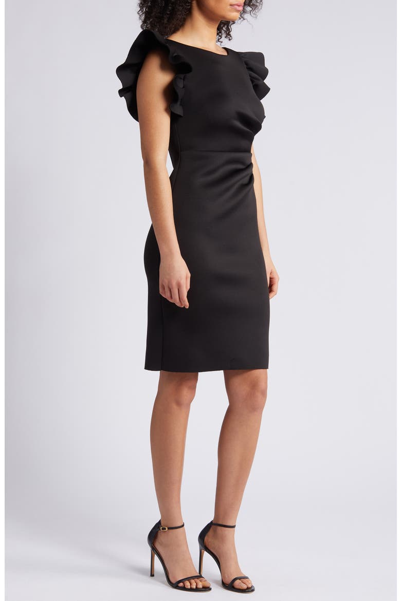 Ruffle Sleeve Scuba Crepe Cocktail Sheath Dress, Alternate, color, BLACK