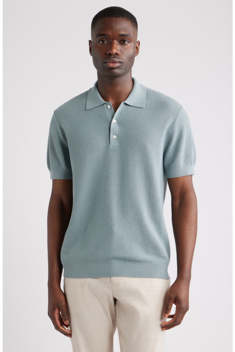 Short Sleeve Textured Cotton & Silk Polo Sweater, Main, color, BLUE SPRUCE