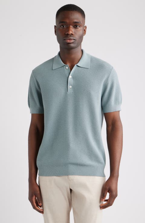 Short Sleeve Textured Cotton & Silk Polo Sweater