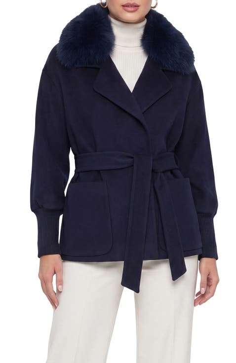 Fabric Jacket with Detachable Genuine Shearling  Collar, Belt