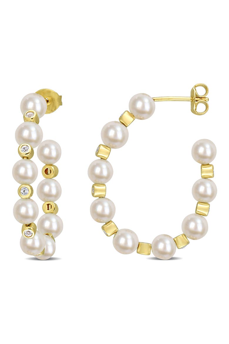 4-4.5mm Cultured Freshwater Pearl & White Topaz Hoop Earrings, Main, color, WHITE