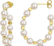 DELMAR 4-4.5mm Cultured Freshwater Pearl & White Topaz Hoop Earrings