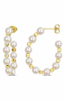 DELMAR 4-4.5mm Cultured Freshwater Pearl & White Topaz Hoop Earrings