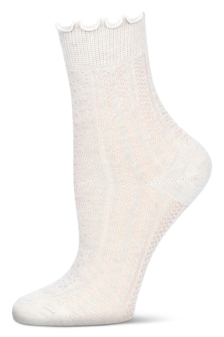 Heart Ruffle Cuff Cotton Blend Pointelle Crew Socks, Alternate, color, WHITE