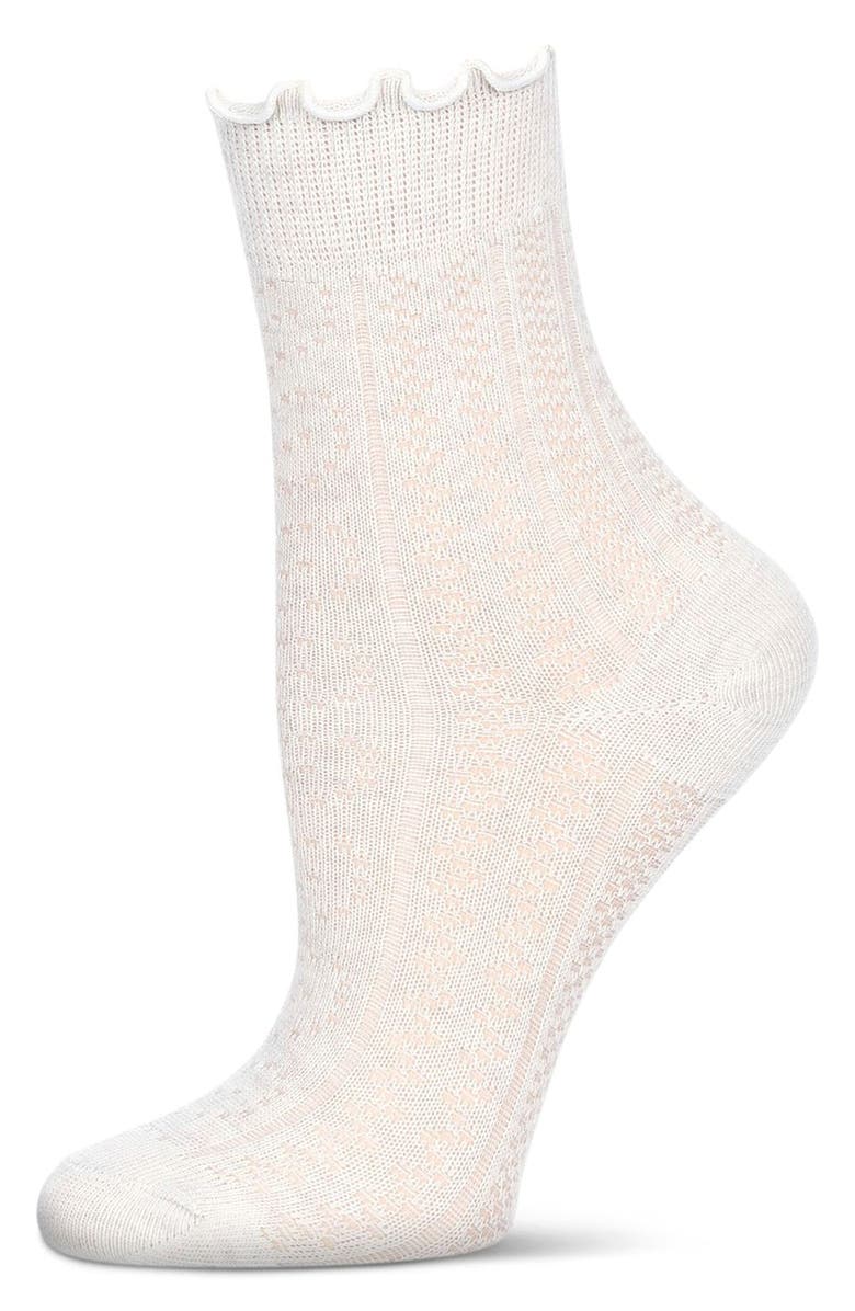 MeMoi Heart Ruffle Cuff Cotton Blend Pointelle Crew Socks, Alternate, color, White