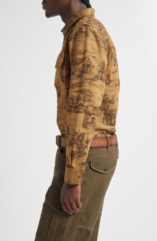 Double Rl Ranch Print Cotton Moleskin Button-up Shirt In Brown