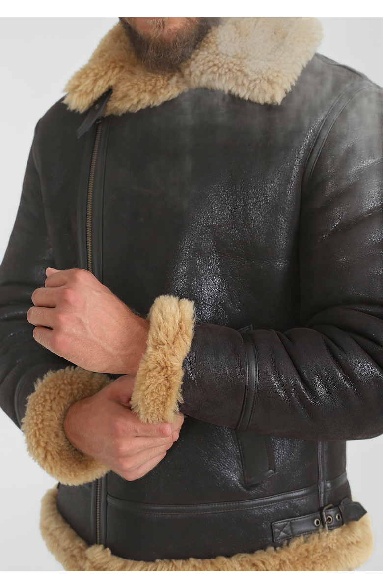 Furniq UK Andrew Grained Leather Shearling Jacket, Alternate, color, Brown