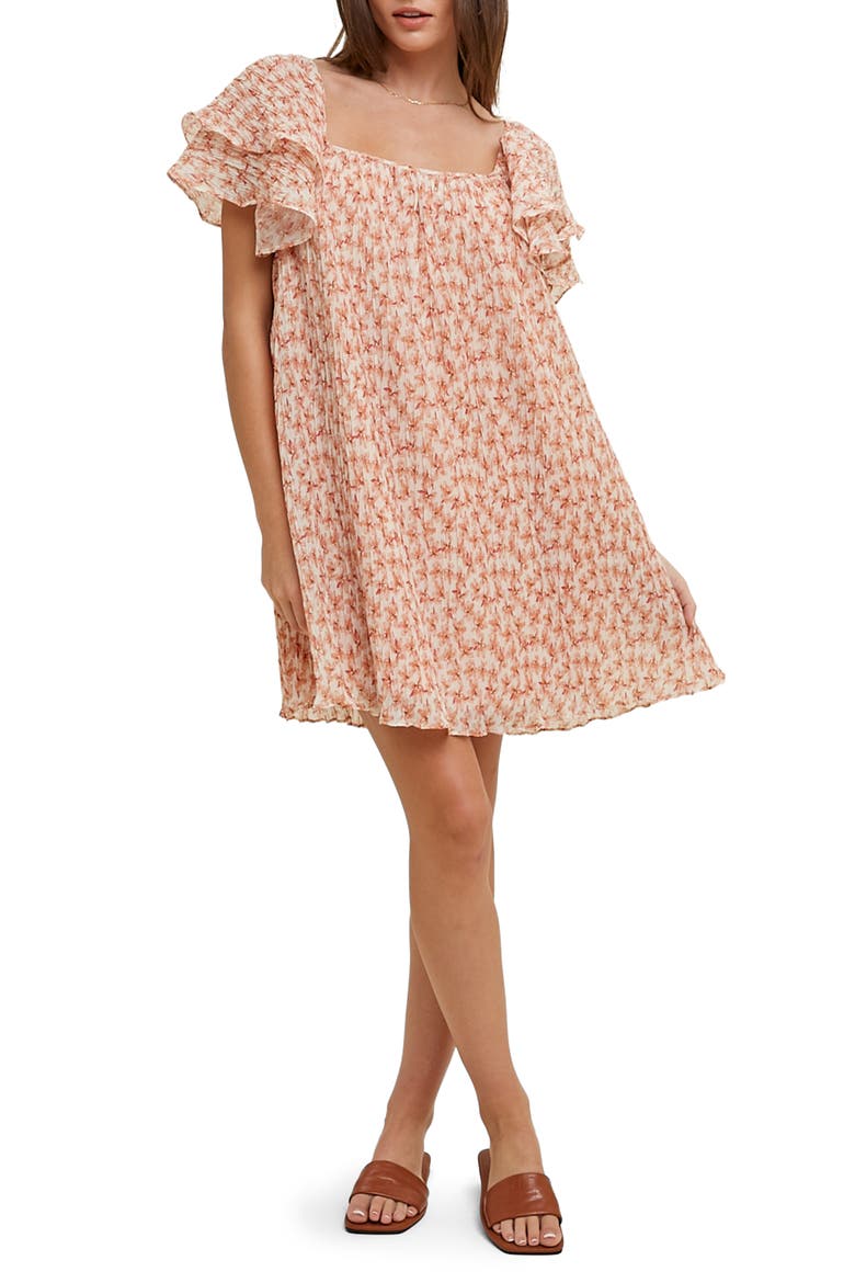 Floral Pleated Minidress, Main, color, APRICOTDNU