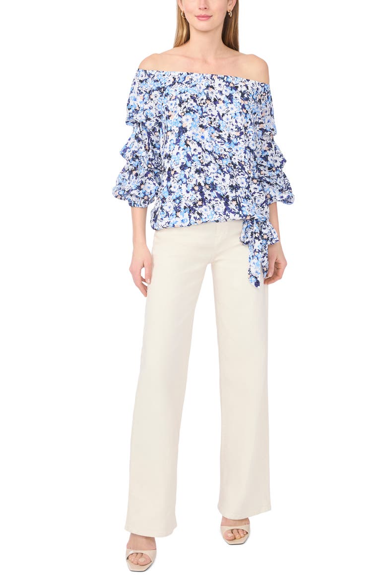 Floral Off the Shoulder Bubble Sleeve Top, Alternate, color, 462 BLUE SHADOW