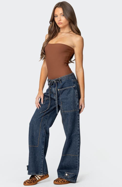 Edikted Funky Stitch Belted Low Rise Wide Leg Jeans In Dark-blue-washed