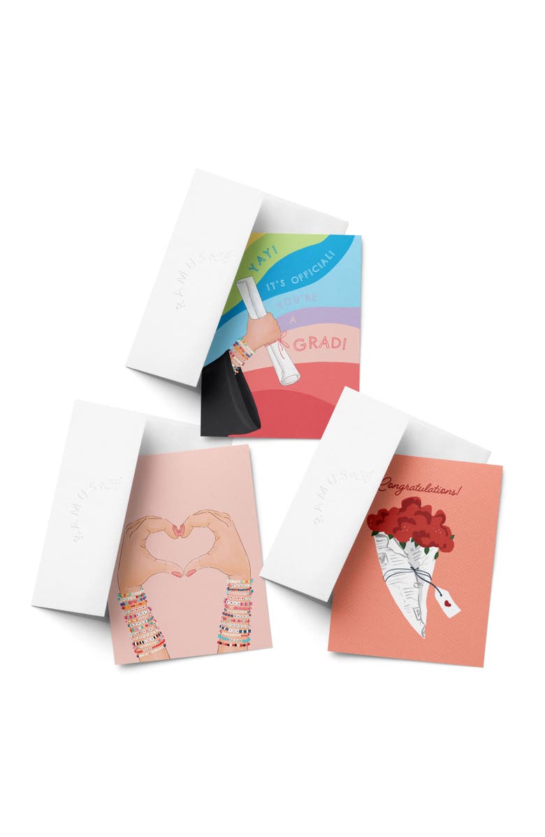 Ramus & Co Celebration/Graduation Greeting Card Pack Sets (3 ct, Assorted) Rainbow Graduation, Friendship Bracelets, Congrats Roses, Main, color, Multi-Pack