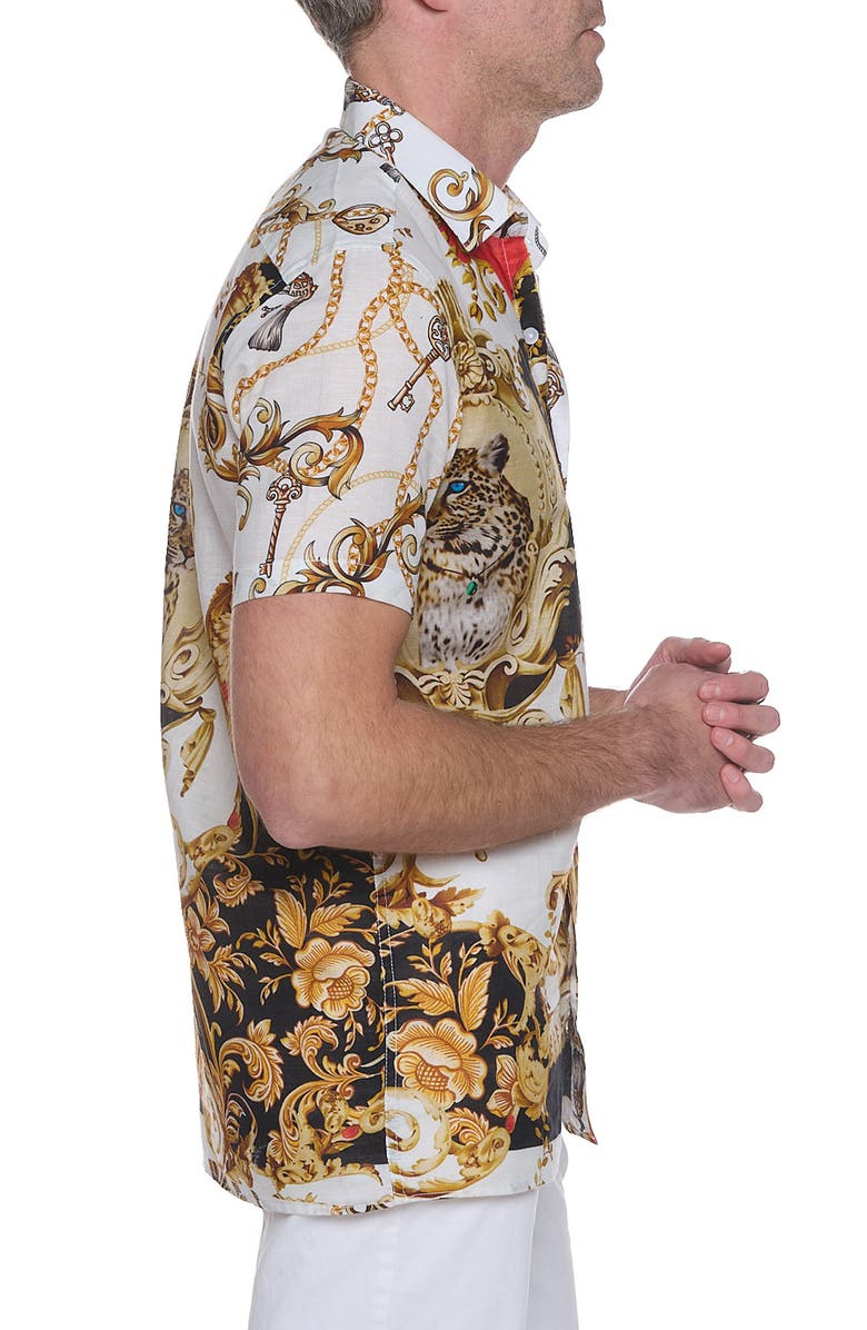 RANEES Artistic Cheetah Short Sleeve Cotton & Linen Blend Button-Up Shirt, Alternate, color, White