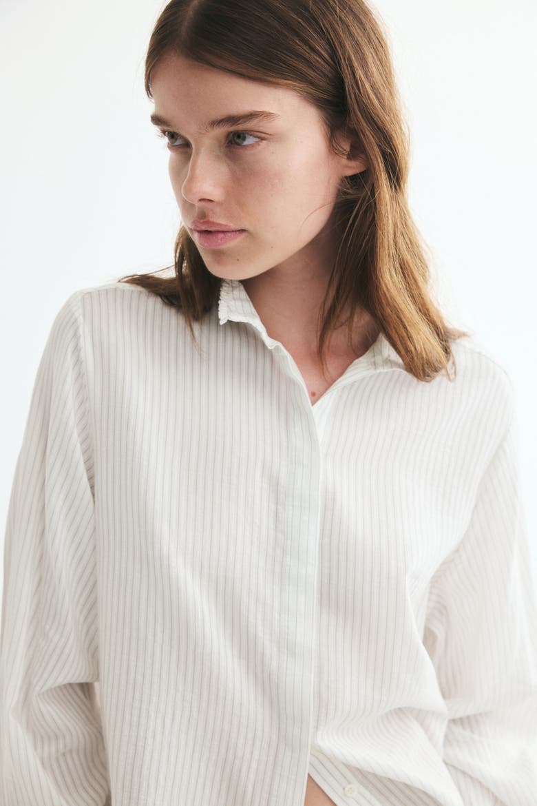 Ruffle-trimmed Stand-up Collar Shirt, Alternate, color, White/striped