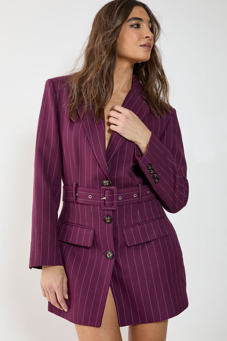 Pinstripe Belted Blazer Dress, Alternate, color, Wine