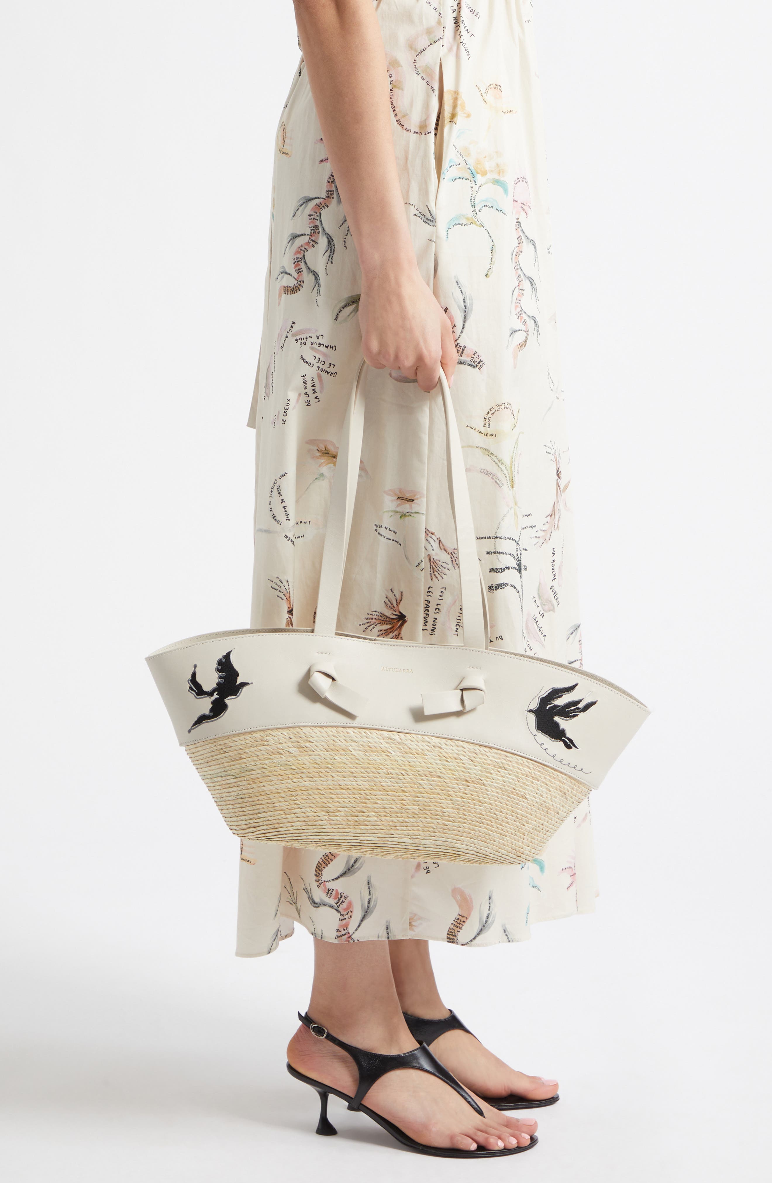 Altuzarra Small Embroidered Leather & Straw Basket Tote, Alternate, color, 378102 Ivory Embroidered Bird