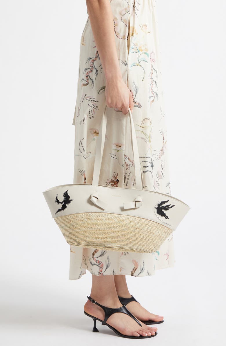 Altuzarra Small Embroidered Leather & Straw Basket Tote, Alternate, color, 378102 Ivory Embroidered Bird