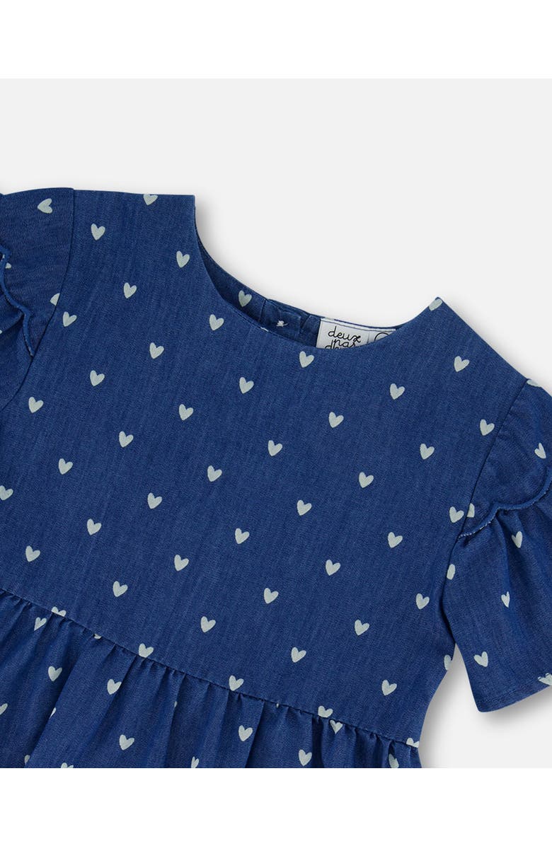 Deux par Deux Girl's Printed Chambray Dress Navy Blue And White Hearts, Alternate, color, 