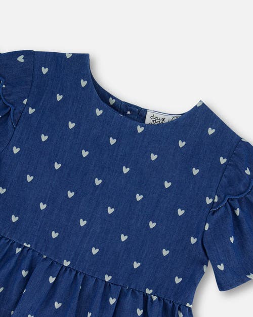Deux Par Deux Girl's Printed Chambray Dress Blue And White Cherries In Navy Blue And White Hearts