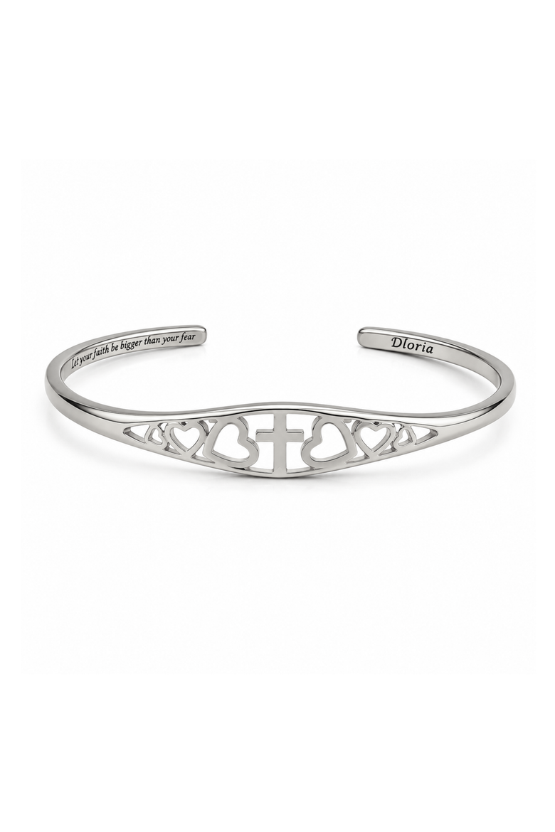 Cross and Heart Faith Engraved Adjustable Cuff Bracelet Let your faith be bigger than your fear, Main, color, Silver
