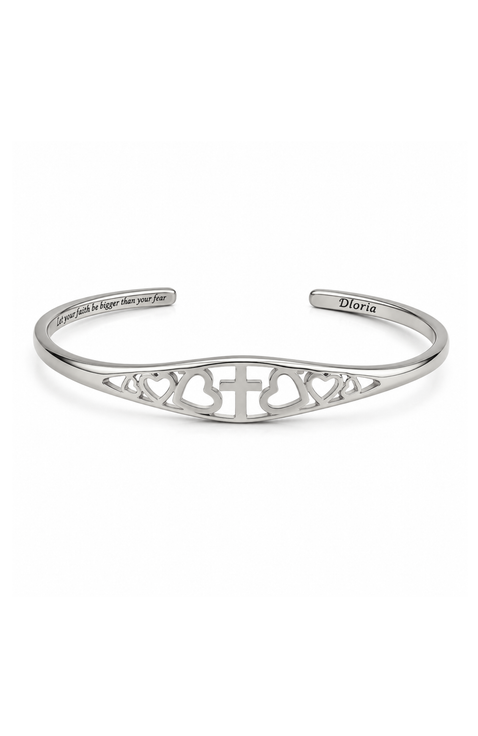 Cross and Heart Faith Engraved Adjustable Cuff Bracelet Let your faith be bigger than your fear