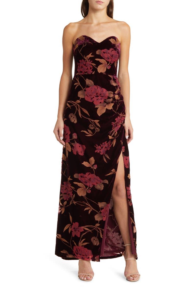 Exquisite Floral Velvet Burnout Strapless Gown, Main, color, PLUM PURPLE FLORAL PRINT