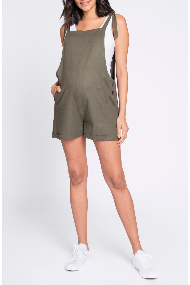 Linen Blend Maternity Shortalls, Main, color, KHAKI