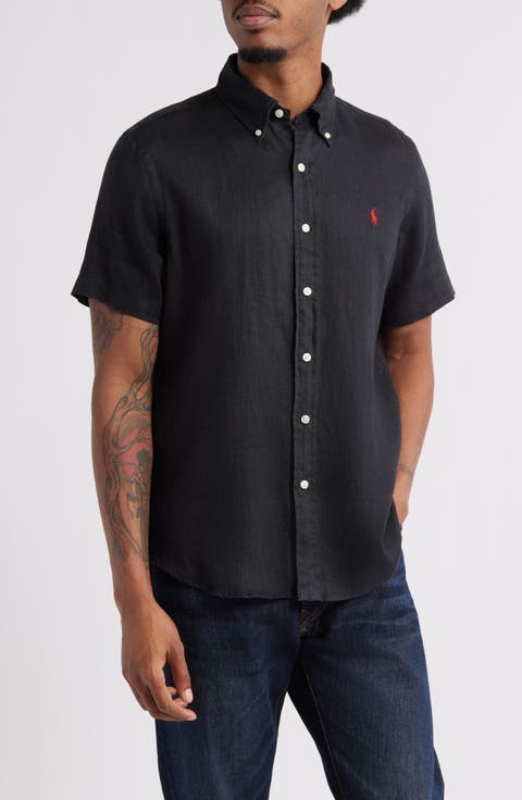 Solid Black Short Sleeve Linen Button-Down Shirt