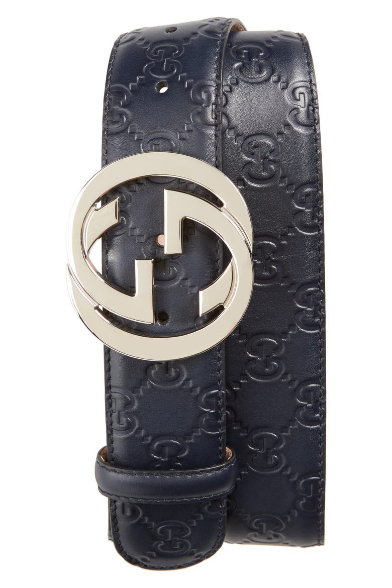 Interlocking G Buckle Logo Embossed Leather Belt, Main, color, BLUE