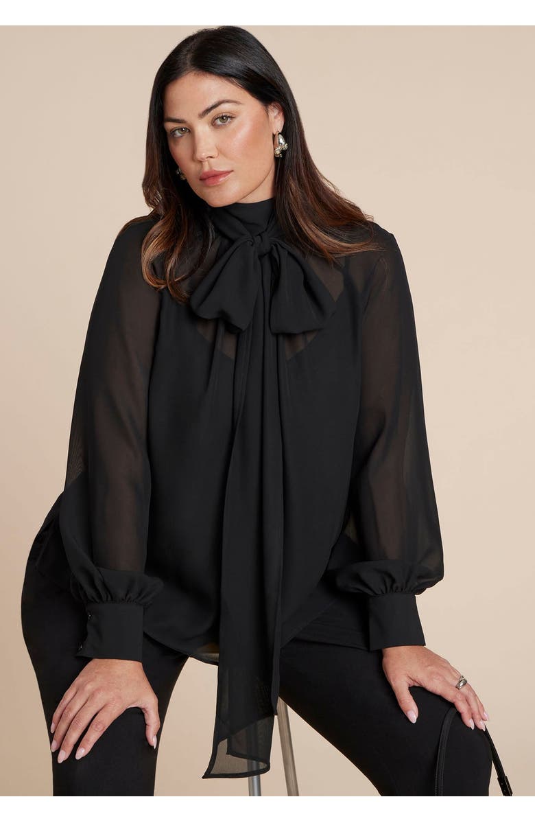 ELOQUII Sheer Neck Tie Blouse, Main, color, Black Onyx