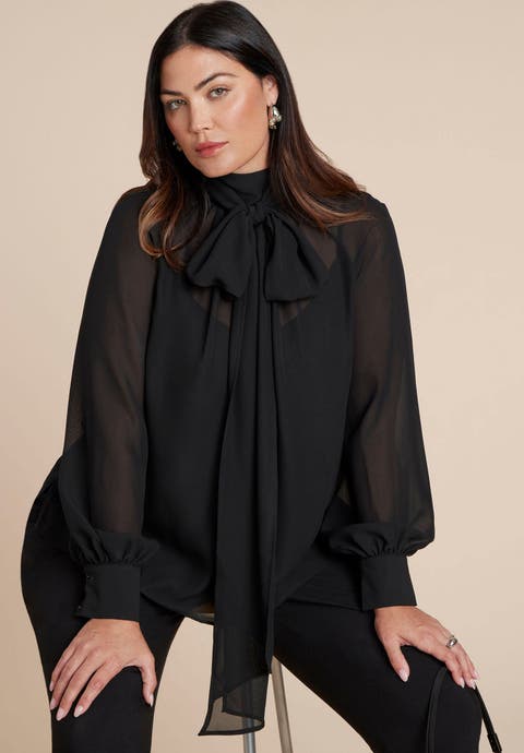 Sheer Neck Tie Blouse (Plus Available)