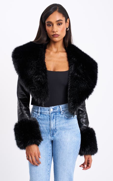 Ziah Cropped Leather Jacket with Fur Collar