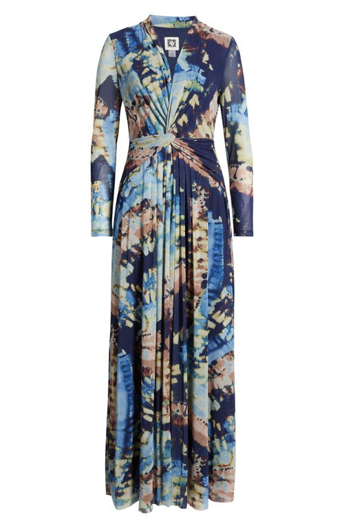 Anne Klein Abstract Print Twist Front Long Sleeve Mesh Maxi Dress In Blue