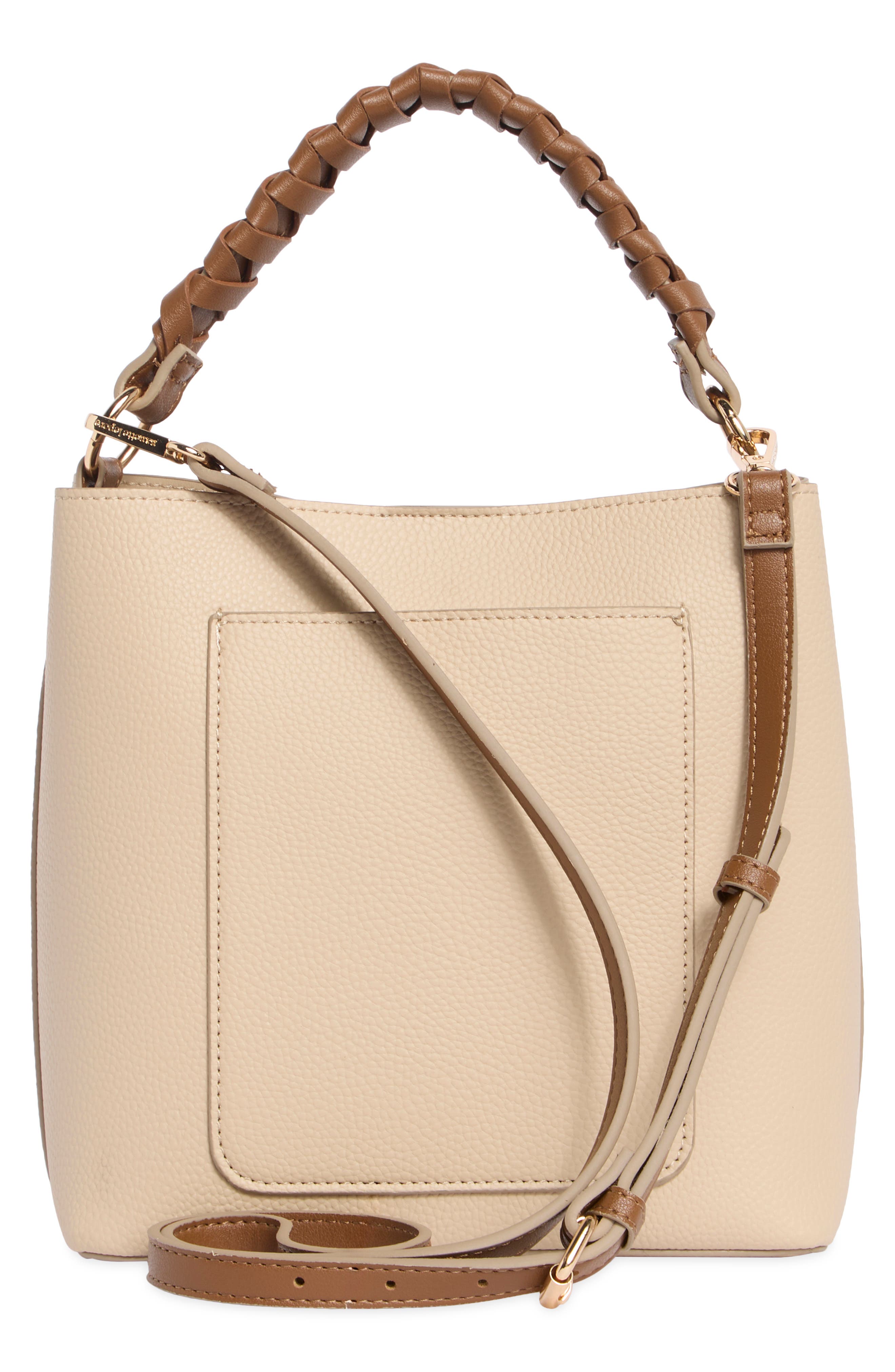 Faux Leather Bucket Bag with Braided Handle, Alternate, color, OATMEAL