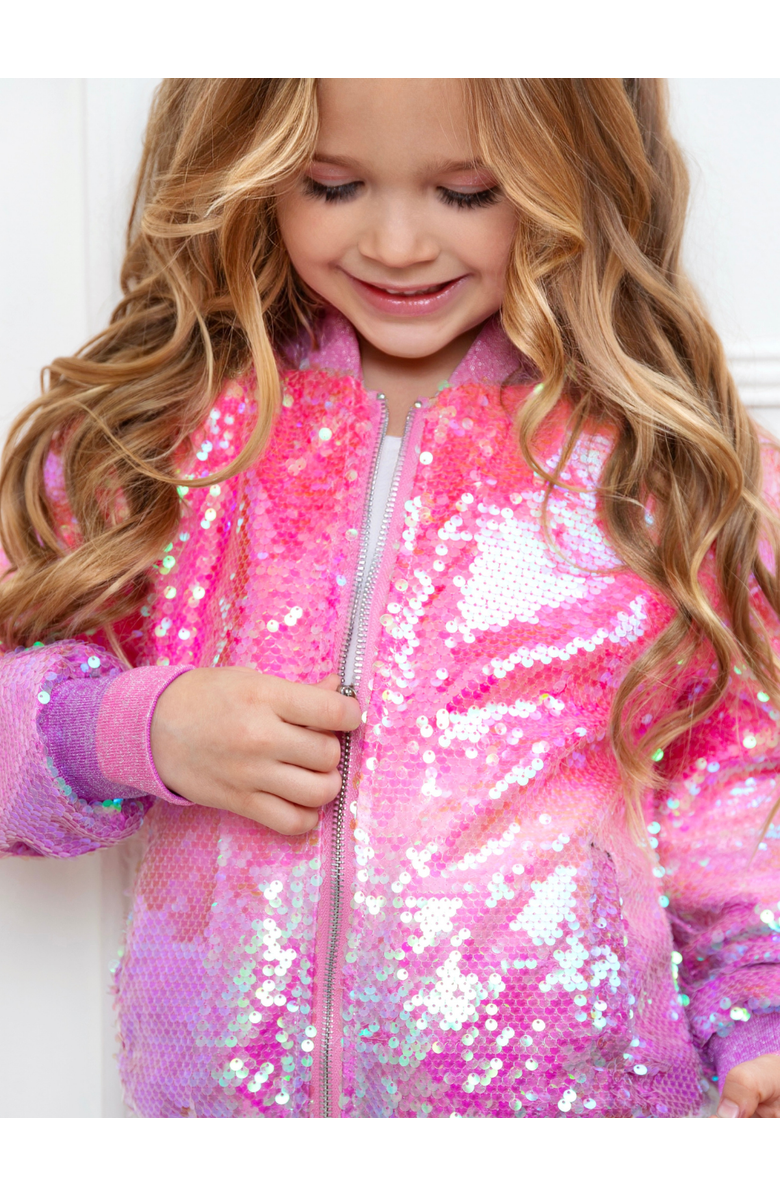 Mia Belle Girls Starlight Sparkle Iridescent Sequin Bomber Jacket, Alternate, color, Pink